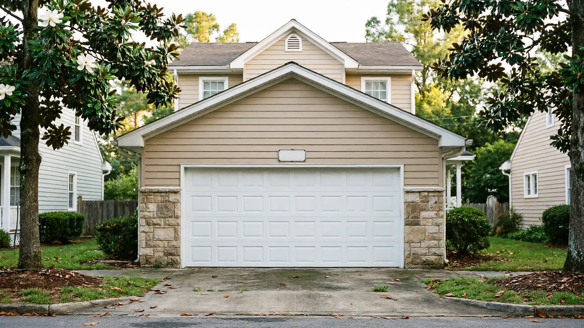 The house has a white garage door, tan siding, and stone accents.