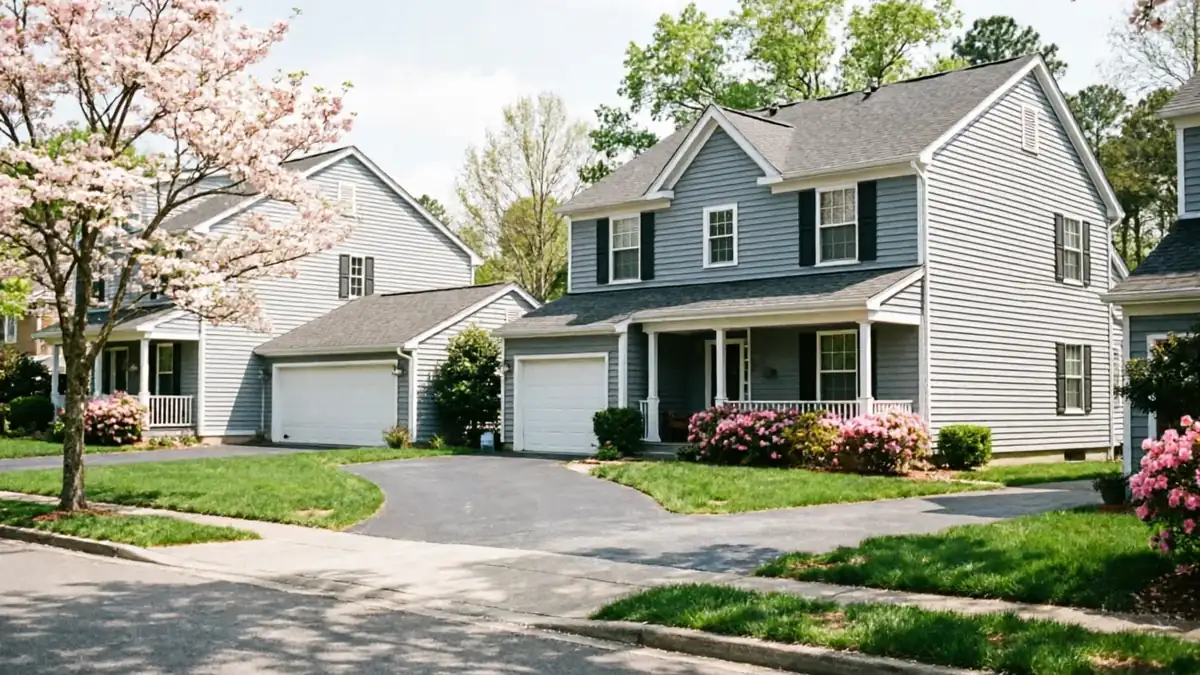 Two houses with gray siding and white garage doors are visible from the street.