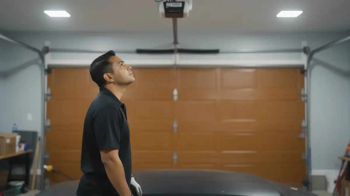A technician in a black shirt looks up at a garage door opener.