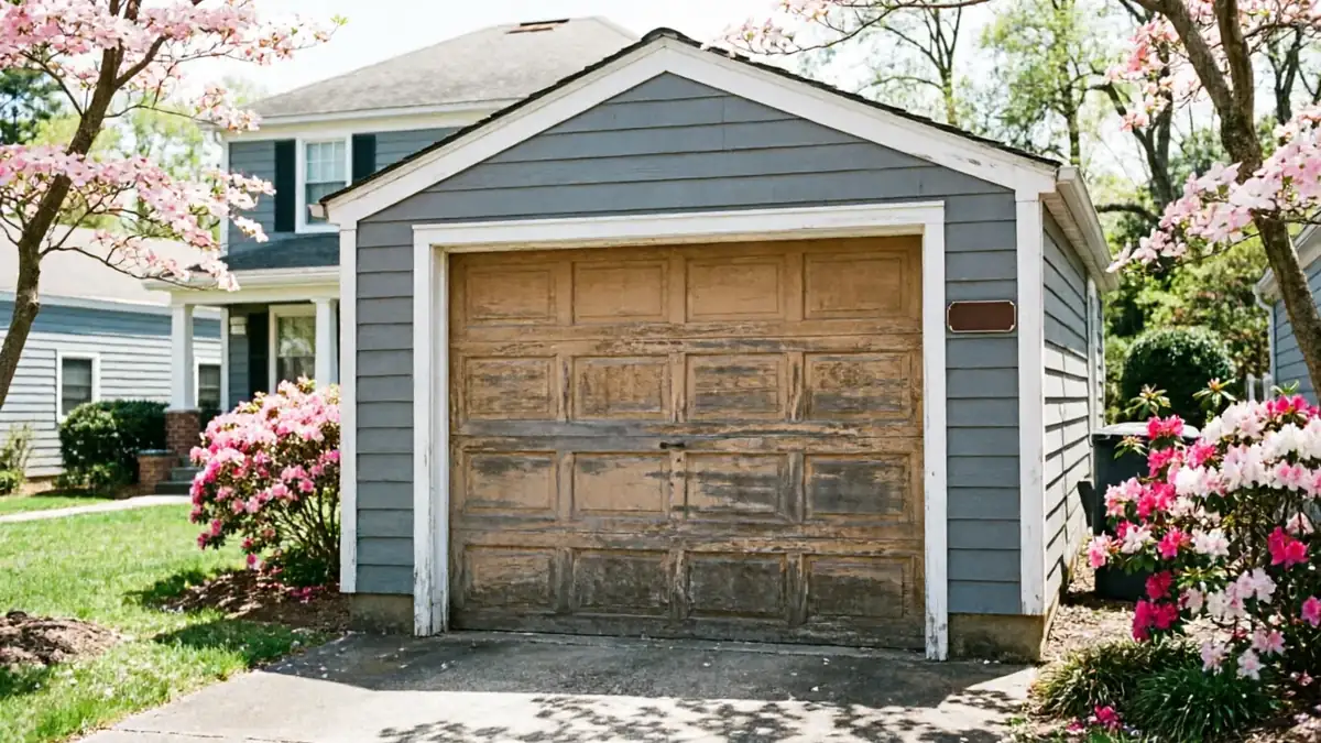 A detached garage with peeling brown garage door and blue siding.