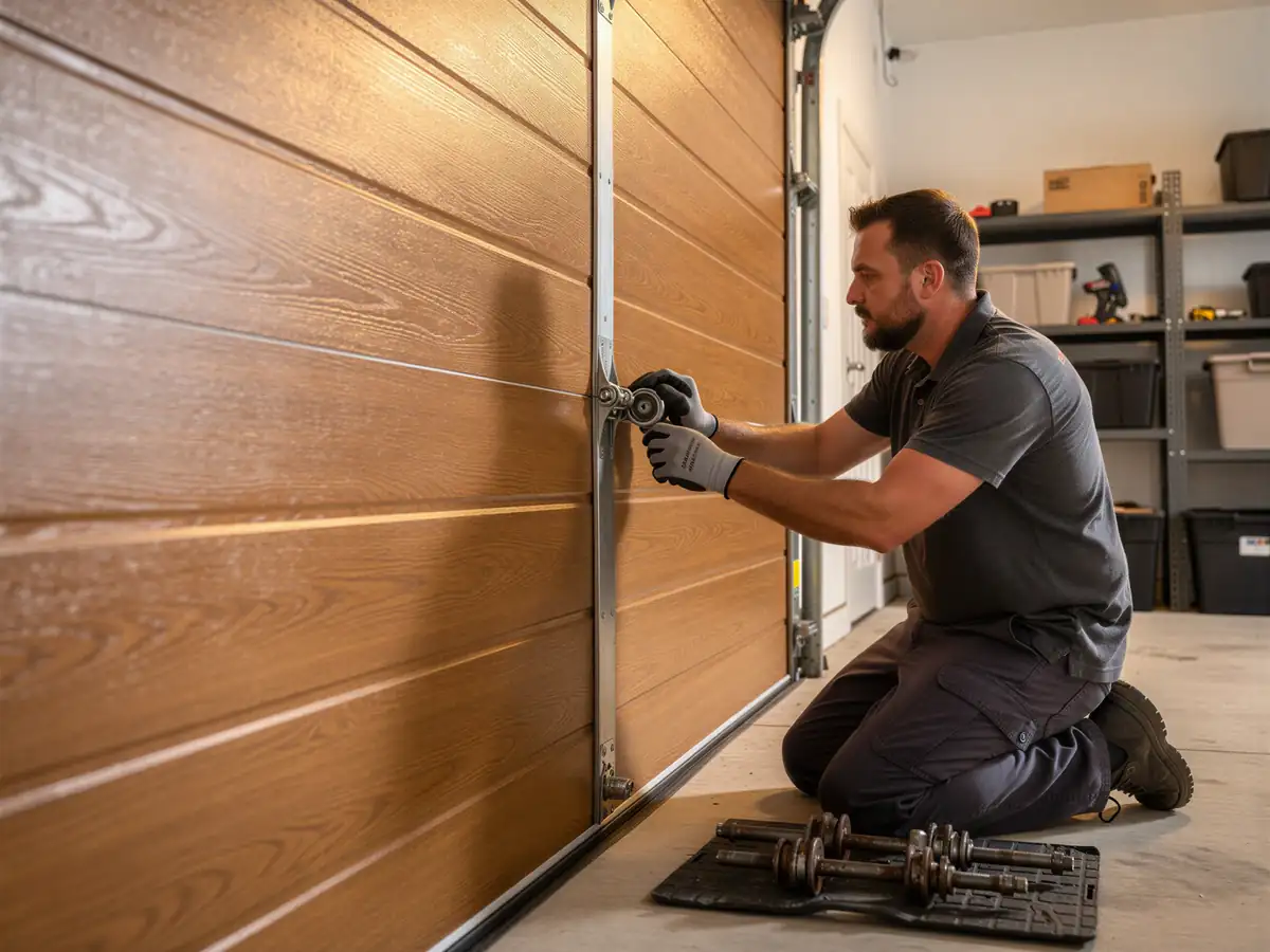 A technician kneels, adjusting a roller on a brown wood-grain garage door.