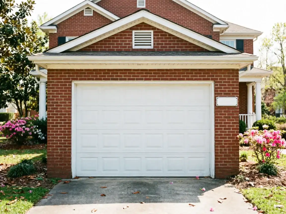 A white garage door is on a brick house with pink flowers.